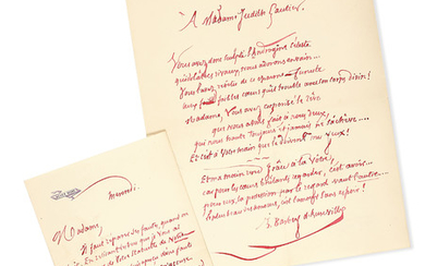 BARBEY D’AUREVILLY, Jules (1808-1889). A Madame Judith Gautier. Poème autographe signé. [Avec :] lettre autographe signée du même à la même, à propos de ce poème. S.l., « mercredi » (avril 1885).