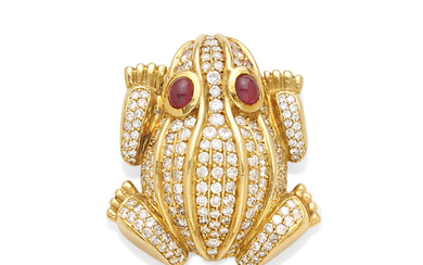 A diamond and ruby frog brooch