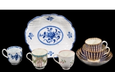 Four items of Worcester porcelain and a Bow porcelain dish