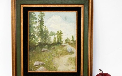 Framed oil on board depicting pathway