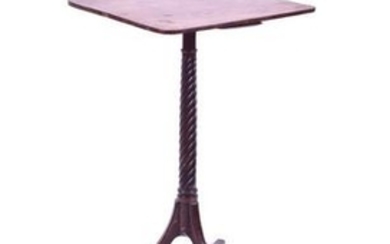 A Georgian mahogany country wine table with plain square top above a turned stem supported on a tripod base with flat sided...