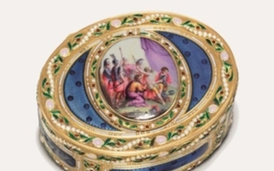 A GERMAN ENAMELLED GOLD SNUFF-BOX, HANAU, CIRCA 1790, MAKER'S MARK -. B. G., WITH CROWNED LETTER K, STRUCK WITH MARKS RESEMBLING THE CHARGE MARK OF JULIEN ALATERRE AND THE DECHARGE MARK OF JEAN-BAPTISTE FOUACHE