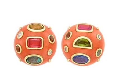 Pair of Gold, Coral, Gem-Set and Colored Diamond Earclips