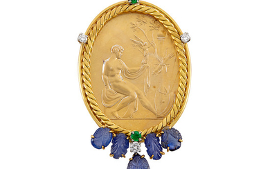 Gold, Frosted Rock Crystal Intaglio, Carved Sapphire, Emerald and Diamond Clip-Brooch, Attributed to Marc Koven