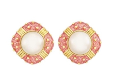 Pair of Gold, Mabé Pearl and Pink Enamel Earclips