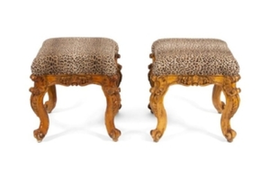 A Pair of Italian Rococo Style Giltwood Stools
