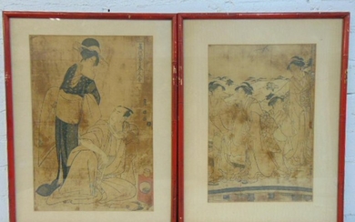 2 Japanese woodblock prints, man with pipe & woman