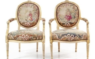 * A Pair of Louis XV Painted Fauteuils Height 36 1/2