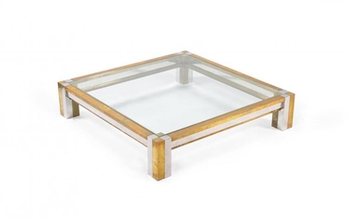 Maison Jansen (manner of), a large chrome and brass coffee table