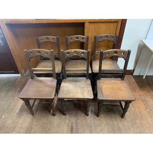 6 old solid oak chapel chairs