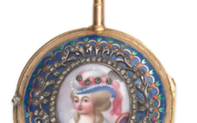 Romilly, Paris. A continental gold key wind open face pocket watch with enamel portrait miniature