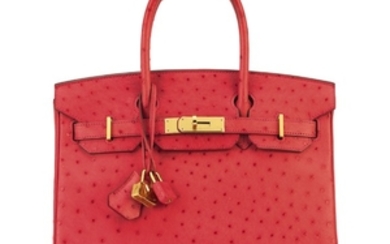 A SET OF TWO: A BOUGAINVILLIER OSTRICH BIRKIN 30 WITH GOLD HARDWARE A LIMITED EDITION GOLD CANDENAS L'ECHAPPÉE BELLE CHARM, HERMÈS, 2010