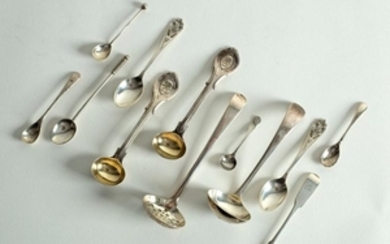 A silver sauce ladle, a sugar sifter spoon and various
