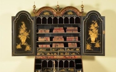 A simulated tortoiseshell and gilt japanned bureau bookcase