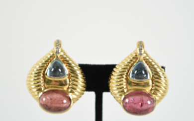 TOURMALINE, GOLD AND DIAMOND CLIP ON EARRINGS