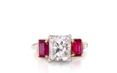 A diamond and ruby three-stone ring