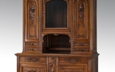 19th c. French carved walnut buffet, 90"h.