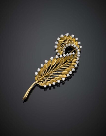 Yellow gold and diamond stylized leaf brooch, platinum