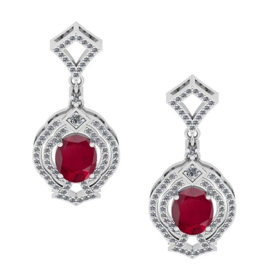 6.20 Ctw VS/SI1 Ruby And Diamond 14K White Gold Dangling Earrings (ALL DIAMOND ARE LAB GROWN )