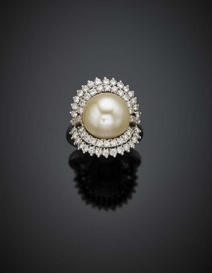Pearl and diamond platinum cluster ring, in all ct. 1