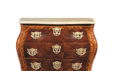 An 18th century mahogany, tulipwood and gilt metal mounted bombe-shaped commode