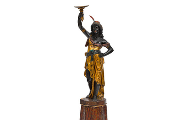 A Venetian Polychrome and Gilt Decorated Carved Wood Figural Torchère