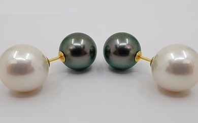 8.5x10.5mm Peacock Tahitian and White Edison Pearls - 18 kt. Gold - Earrings