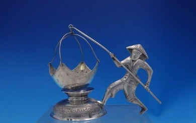 .900 Silver Tea Strainer Figural Man and Fishing Pole w/Net Hanoi Vietnam