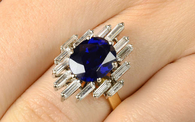 A 1960s 18ct gold sapphire and baguette-cut diamond cluster ring.
