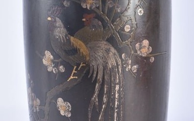 A 19TH CENTURY JAPANESE MEIJI PERIOD BRONZE SILVER INLAID VASE depicting a cockerell perched amongst