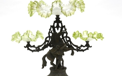 A 19TH CENTURY METAL MARLEY HORSE BASED CENTREPIECE WITH THREE ORIGINAL MATCHED GREEN GLASS BOWLS