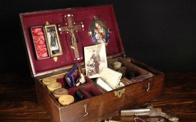 A 19th Century Fitted Mahogany Case of Curiosities. The interior partitioned and lined in maroon bai