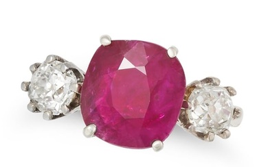 A 4.03 CARAT BURMA NO HEAT RUBY AND DIAMOND THREE STONE RING in 18ct yellow gold, set with a cushion