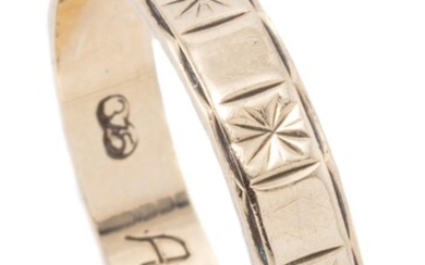 A 9CT GOLD BAND; engraved star and block pattern, width 3.9mm, size P, wt. 2.09g.