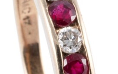 A 9CT GOLD RUBY AND DIAMOND RING; channel set with 4 round cut rubies and 3 round brilliant cut diamonds, size N, wt. 2.14g.