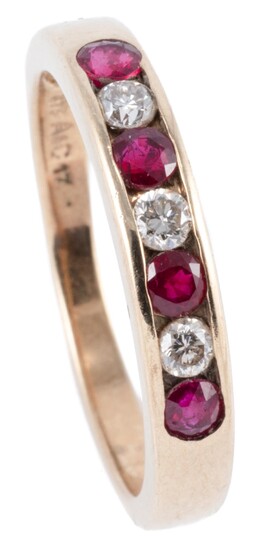 A 9CT GOLD RUBY AND DIAMOND RING; channel set with 4 round cut rubies and 3 round brilliant cut diamonds, size N, wt. 2.14g.