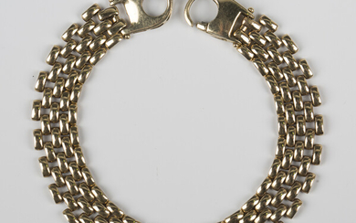 A 9ct gold bracelet in a five row curved link design, on a sprung shaped clasp, weight 18.4g, length