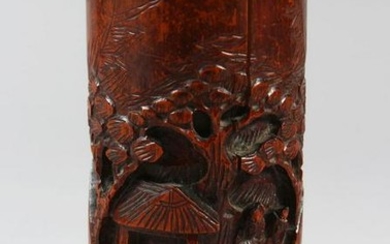 A CHINESE CARVED BAMBOO BRUSH POT, carved with