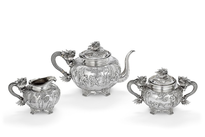 A CHINESE EXPORT SILVER THREE-PIECE TEA SET, MARK OF BO, CANTON, RETAILED BY WANG HING & CO., CANTON AND HONG KONG, SECOND HALF 19TH CENTURY