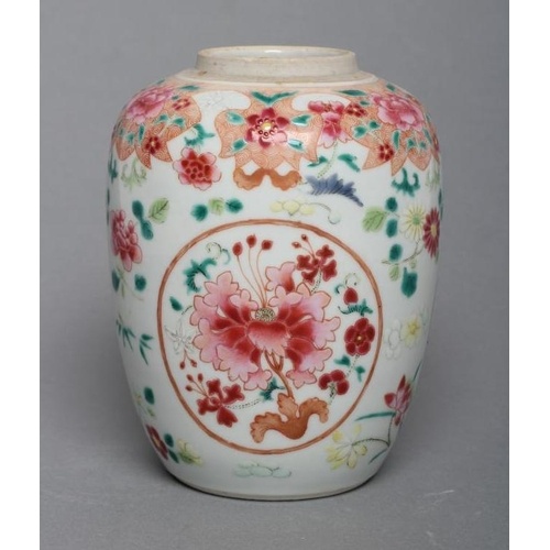 A CHINESE PORCELAIN FAMILLE ROSE JAR of ovoid form painted w...