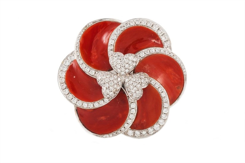 A CORAL AND DIAMOND SWIRL BROOCH/ PENDANT, signed 'Andreoli'...