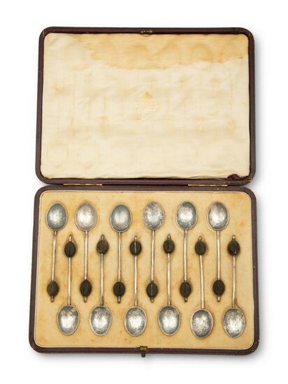 A Cased Set of English Silver Coffee Spoons with Treen