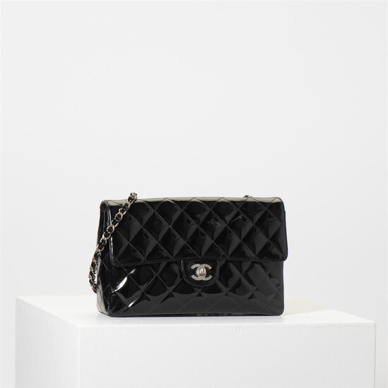 (-), A Chanel Black Patent Leather Medium Classic...