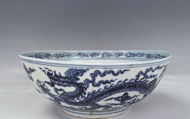 A Chinese Blue and White Porcelain Dragon Bowl Xunde Mark