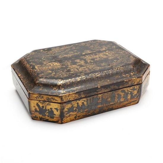 A Chinese Export Gilt and Black Lacquered Games Box