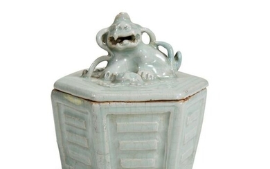 A Chinese Longquan celadon hexagonal censer and cover