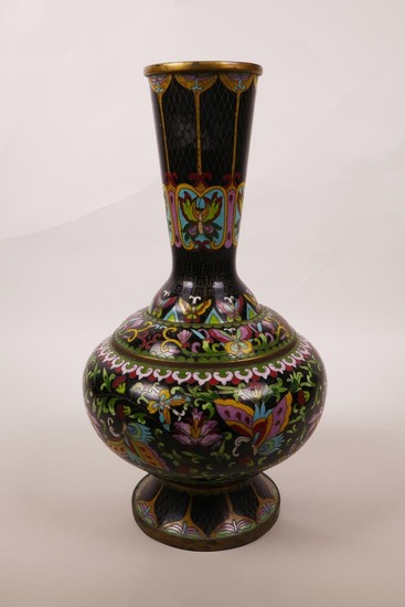 A Chinese black ground cloisonné vase, decorated with butter...