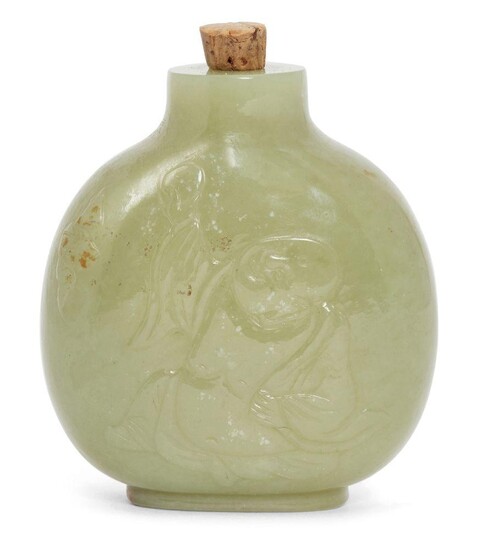 A Chinese celadon jade snuff bottle, late Qing dynasty, carved...