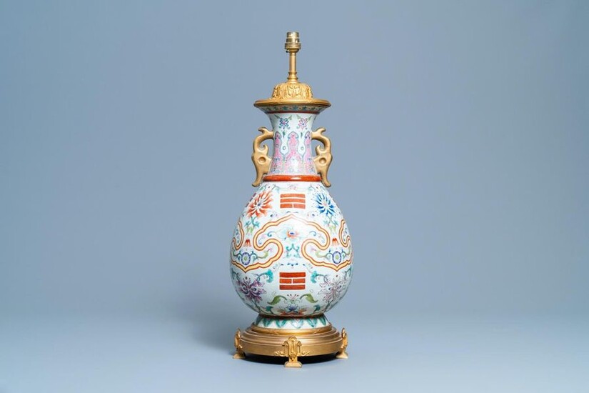 A Chinese gilt bronze lamp mounted famille rose 'trigrams' vase, Yongzheng mark, Republic