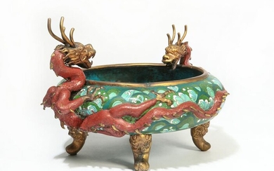 A Chinese gilt metal and cloisonne enamel dragon bowl